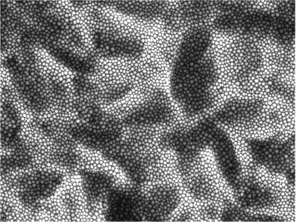 Immagine al microscopio elettronico a trasmissione (TEM) di un film sottile di V2O3 drogato con cromo, che mostra grani cristallini globulari di dimensioni nanometriche. Lente macro 100mm, illuminazione controllata per evidenziare la struttura dei grani e i confini tra di essi, alta definizione, focus preciso.