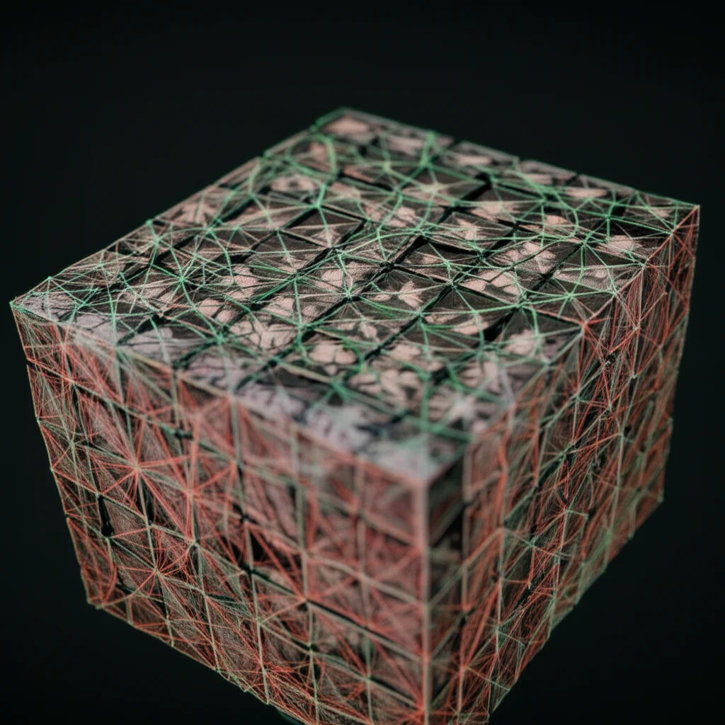 Visualizzazione 3D di patch di immagini mediche disposte secondo le loro coordinate originali, con linee che collegano patch simili, a simboleggiare l'apprendimento contrastivo. Prime lens, 50mm, depth of field, illuminazione soffusa per evidenziare le connessioni.