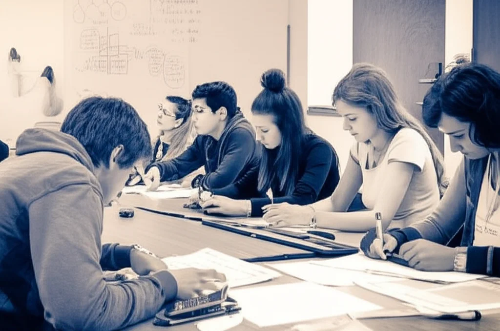 Studenti di diverse etnie e background culturali, alcuni più giovani (adolescenti) e altri giovani adulti, impegnati in attività di problem solving matematico in aule diverse: una universitaria moderna e una di scuola secondaria. Alcuni lavorano in gruppo attorno a un tavolo con fogli e calcolatrici, altri ascoltano un insegnante che indica una lavagna con diagrammi. Obiettivo prime, 35mm, luce naturale diffusa, profondità di campo per mettere a fuoco i gruppi di studenti, duotone seppia e blu.