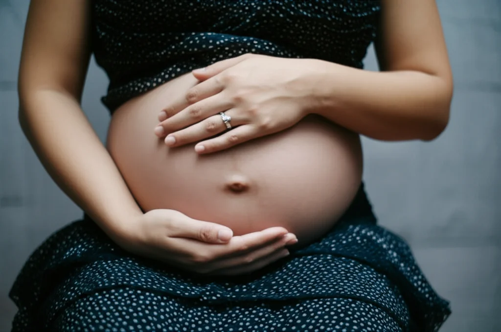 Dettaglio di mani di una donna Nera che accarezzano il suo ventre gravido. L'immagine è ravvicinata, con un obiettivo macro da 100mm, per catturare l'alta definizione della pelle e la delicatezza del gesto. L'illuminazione è controllata e morbida, creando un'atmosfera intima e protettiva.