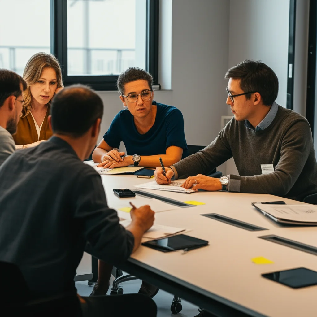 Un gruppo diversificato di insegnanti K-12 in un workshop, che discutono animatamente e prendono appunti, simboleggiando la fase di sviluppo e pilotaggio di uno strumento di autovalutazione. Luce da studio controllata, prime lens 35mm, high detail.