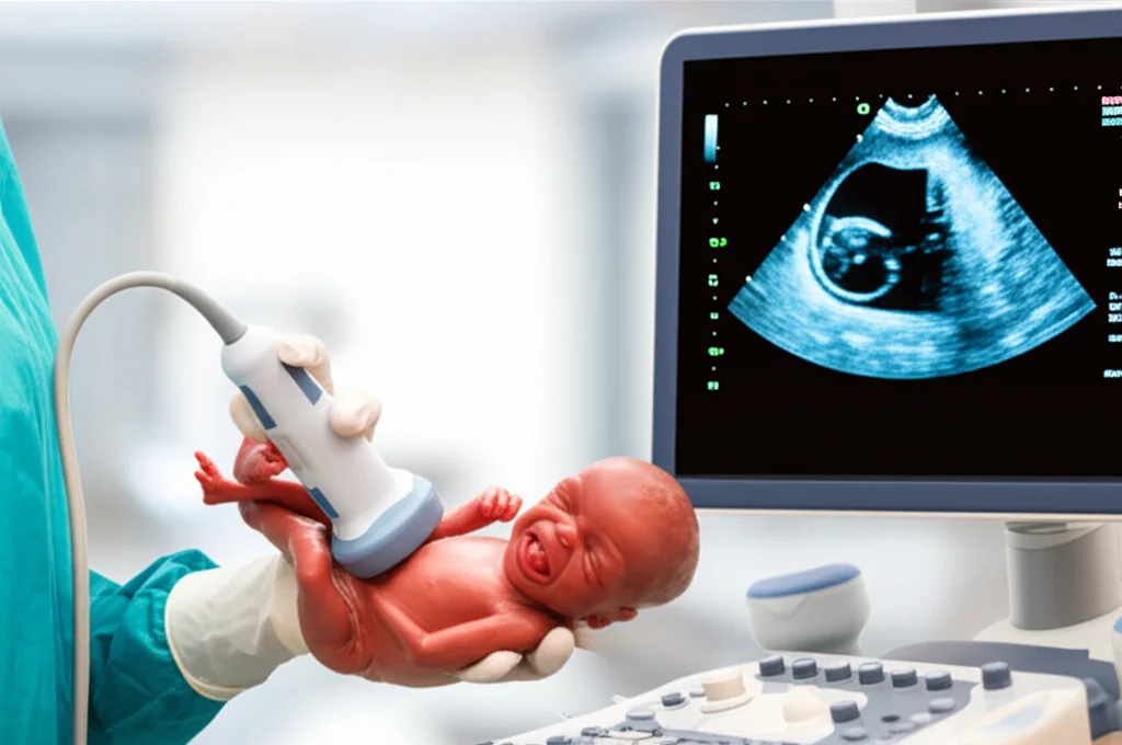 Primo piano dello schermo di un ecografo moderno che mostra la scansione del cuore di un neonato, la mano di un medico tiene delicatamente la sonda sul torace di un bambino (bambino non completamente visibile, focus sullo schermo e sulla mano), dettaglio elevato, illuminazione controllata, obiettivo macro, 70mm.