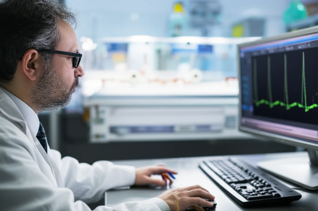Un ricercatore osserva pensieroso uno schermo di computer che mostra complessi grafici di dati cardiaci, un'incubatrice neonatale leggermente sfocata sullo sfondo, suggerendo un ambiente di ricerca, obiettivo primario, 50mm, profondità di campo.