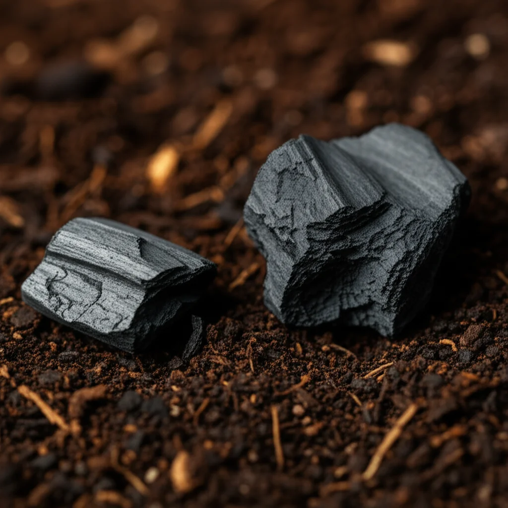Fotografia macro di un campione di biochar nero e poroso accanto a un mucchietto di cenere vegetale grigia chiara e a un flaconcino etichettato 'EM Microrganismi Efficaci', su un fondo di terriccio. Illuminazione da studio controllata, alta definizione, obiettivo macro 60mm.