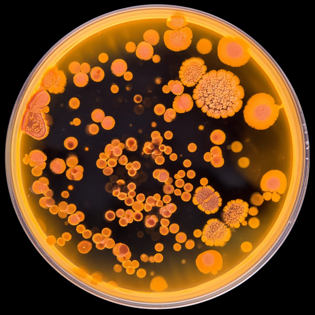Lenti macro, 105 mm, dettagli elevati, illuminazione controllata, una piastra di Petri che mostra vibranti colonie rossastre-arancione del lievito di rodoturula toruloides, con alcune cellule ingrandita per rivelare piccole e luccicanti gocce lipidiche al suo interno, su un background sterile di laboratorio.