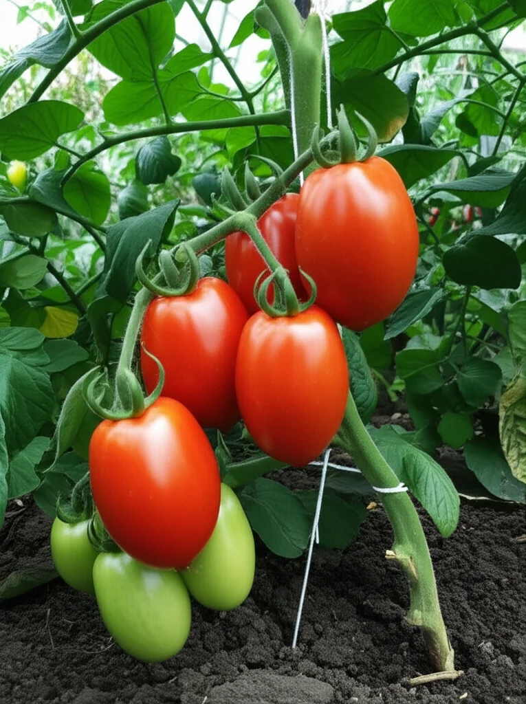 Piante di pomodoro rigogliose e cariche di frutti rossi maturi che crescono in un terreno scuro e fertile all'interno di una serra. Dettaglio elevato sui frutti e sul terreno, obiettivo macro 105mm, luce naturale filtrata dalla serra.