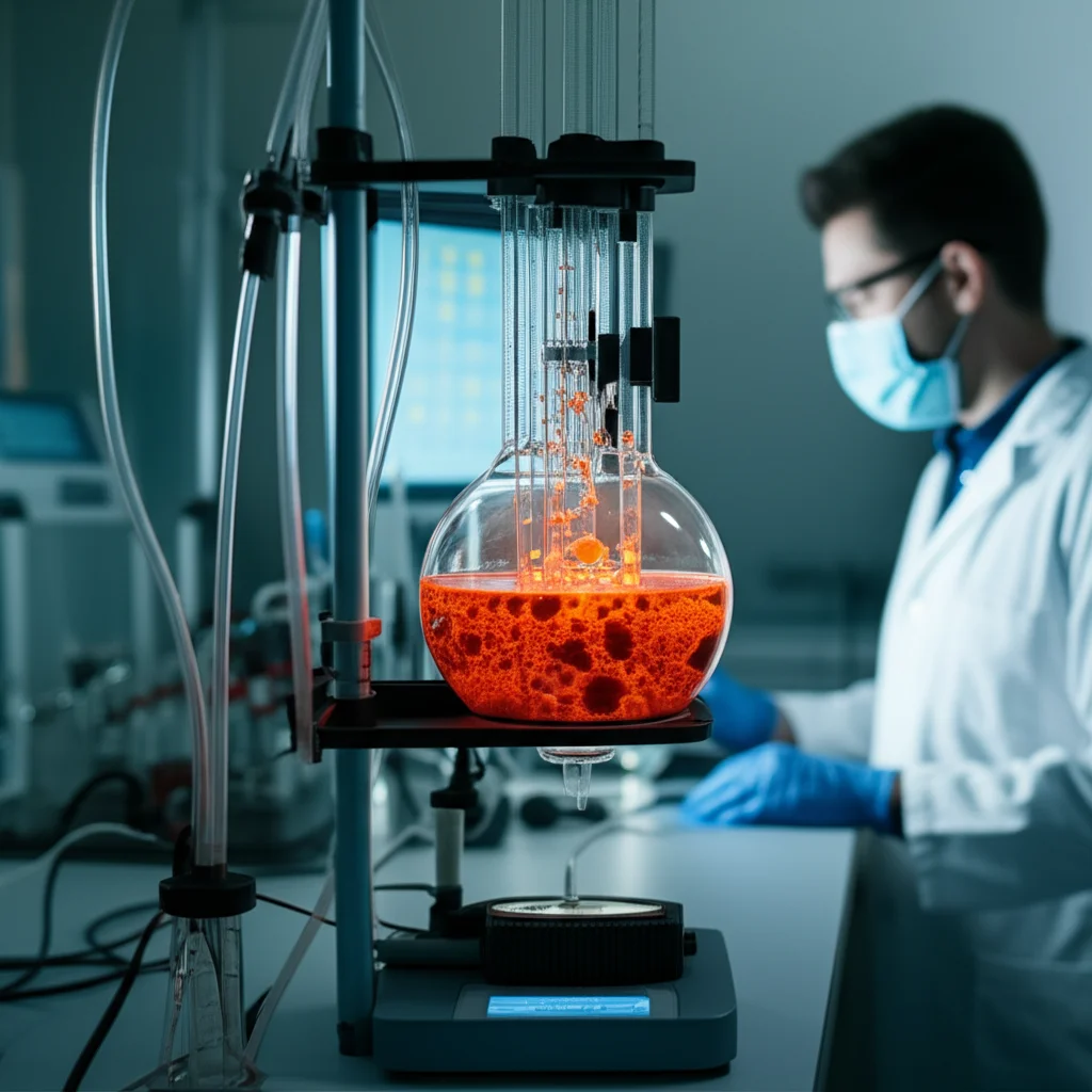 Lence Prime, 35 mm, profondità di campo, blu duotone e grigio, un moderno bioreattore da laboratorio con una cultura rossastra-arancione di rodotorula toruloides che gorgoglia delicatamente, con tubi complessi e esposizioni digitali in primo piano, uno scienziato debolmente visibile sullo sfondo.