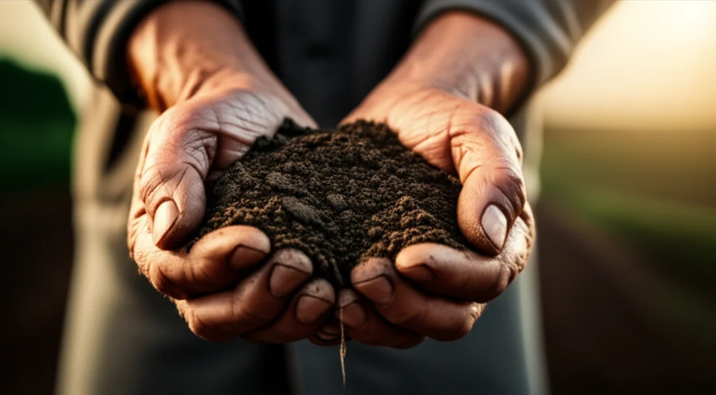 Mani di un agricoltore che tengono con cura un pugno di terra scura e friabile, simbolo di fertilità. Dettaglio sulle mani e sulla terra, profondità di campo ridotta, obiettivo da ritratto 35mm, luce calda del tardo pomeriggio.