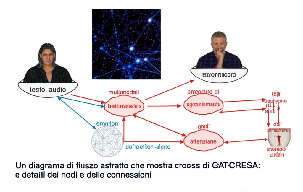 Un diagramma di flusso astratto che mostra il processo di GAT-CRESA: input multimodali (testo, audio) che entrano in un modulo di ragionamento contestuale, poi in un modulo di apprendimento dell'emotion-shift e infine in grafi di attenzione. Obiettivo da 60mm macro per evidenziare i dettagli dei nodi e delle connessioni, illuminazione controllata per un look high-tech.