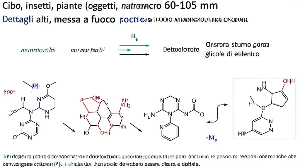 Cibo, insetti, piante (oggetti, natura morta) macro 60-105 mm Dettagli alti, messa a fuoco precisa, illuminazione controllata. Un diagramma molecolare stilizzato su uno sfondo scuro e pulito, che mostra la molecola di glicole di etilenico che trasforma passo per passo in acido glicolico, con frecce luminose che indicano le reazioni enzimatiche che coinvolgono cofattori NAD (P). Le molecole dovrebbero essere chiare e distinte.