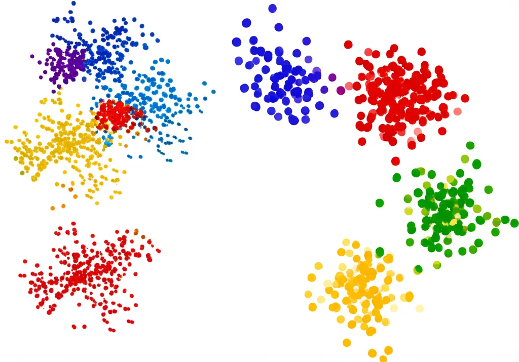 Visualizzazione t-SNE di cluster di emozioni: punti colorati che rappresentano diverse emozioni (felice, triste, arrabbiato, neutro) che si raggruppano in modo più definito grazie a GAT-CRESA. Wide-angle lens 10-24mm per una visione d'insieme, con alcuni cluster a fuoco nitido e altri leggermente sfocati per dare profondità.