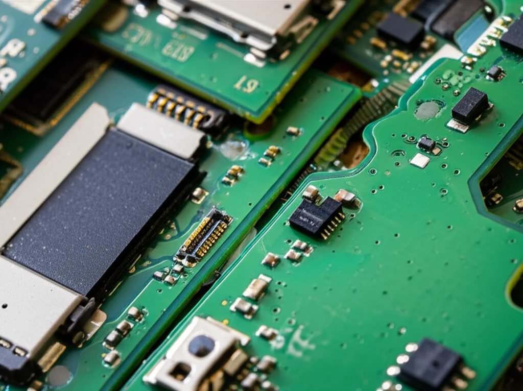 Immagine macro ad alta definizione di una pila di schede madri (PCB) di vecchi cellulari smontati, con dettagli visibili dei componenti elettronici e tracce dorate dei circuiti. Obiettivo macro 60mm, illuminazione controllata per evidenziare le texture e i materiali.