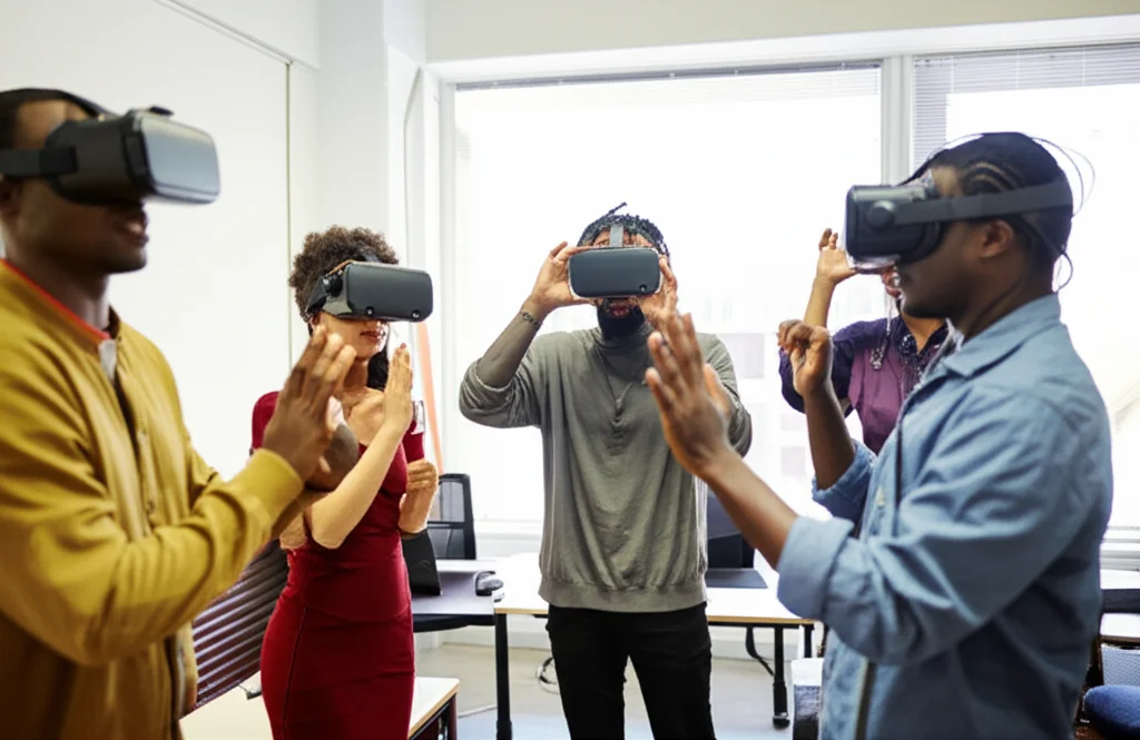 Studenti di infermieristica, giovani adulti di diverse etnie, indossano visori VR in un'aula universitaria moderna e luminosa, interagendo con schermi virtuali che mostrano scenari di consulenza antifumo con avatar di pazienti. Obiettivo prime, 35mm, profondità di campo accentuata, illuminazione controllata e naturale che entra dalle finestre.