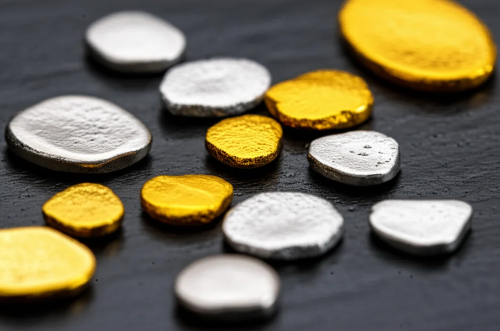 Macro fotografia still life di piccoli campioni lucenti di oro, argento e rame metallico puro recuperati, disposti ordinatamente su una superficie scura e pulita. Illuminazione laterale controllata per esaltare la brillantezza e la purezza dei metalli, obiettivo macro 105mm, alta definizione dei dettagli.