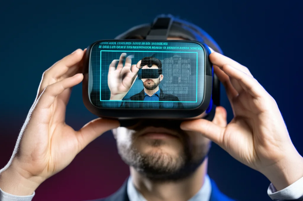 Primo piano sulle mani di uno studente di infermieristica che interagiscono con un'interfaccia di simulazione virtuale per la consulenza antifumo; lo schermo del visore VR riflette grafici e un avatar di un paziente che parla. Obiettivo macro, 60mm, alta definizione dei dettagli sullo schermo, messa a fuoco precisa sulle mani e sull'interfaccia, illuminazione controllata per evidenziare l'interazione tecnologica.