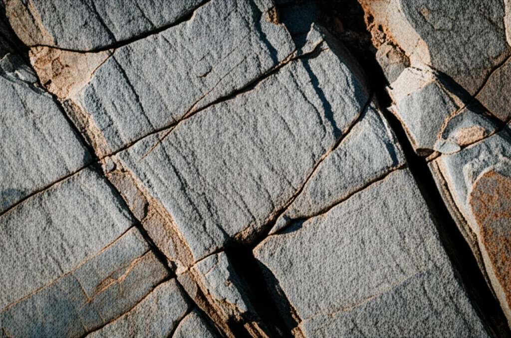 Fotografia macro di una sezione di terreno roccioso fratturato con in evidenza le discontinuità, illuminazione controllata per esaltare i dettagli della roccia, obiettivo macro 90mm, messa a fuoco precisa sulle venature.