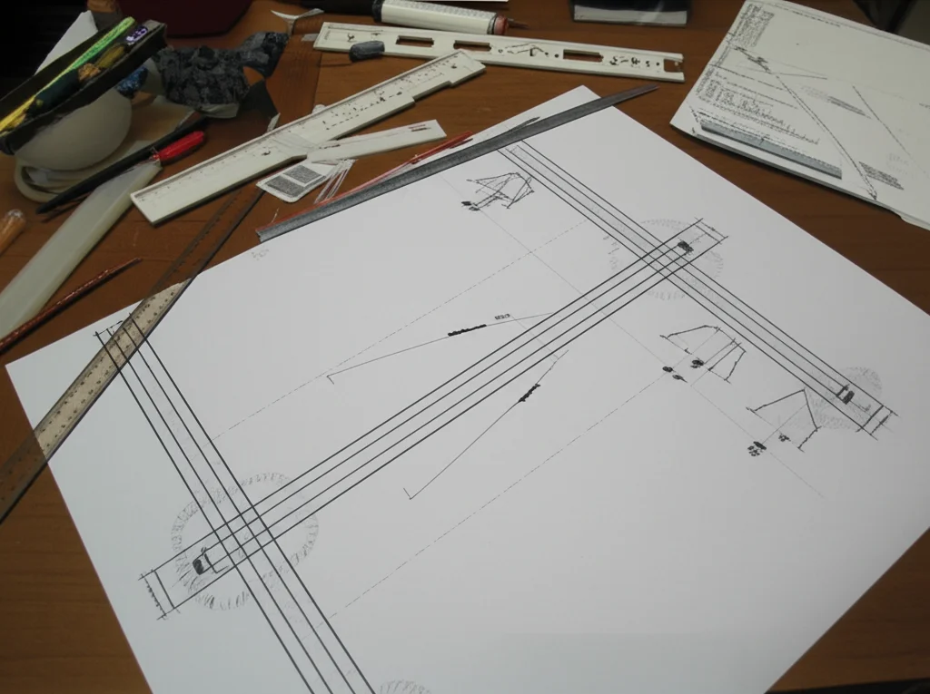 Vista dall'alto di diverse planimetrie di fondazioni a plinto, alcune evidenziate con colori diversi per indicare variazioni dimensionali. Strumenti da disegno tecnico (righe, squadre) sparsi sul tavolo. Obiettivo macro 60mm, alta definizione dei dettagli delle linee e dei numeri.