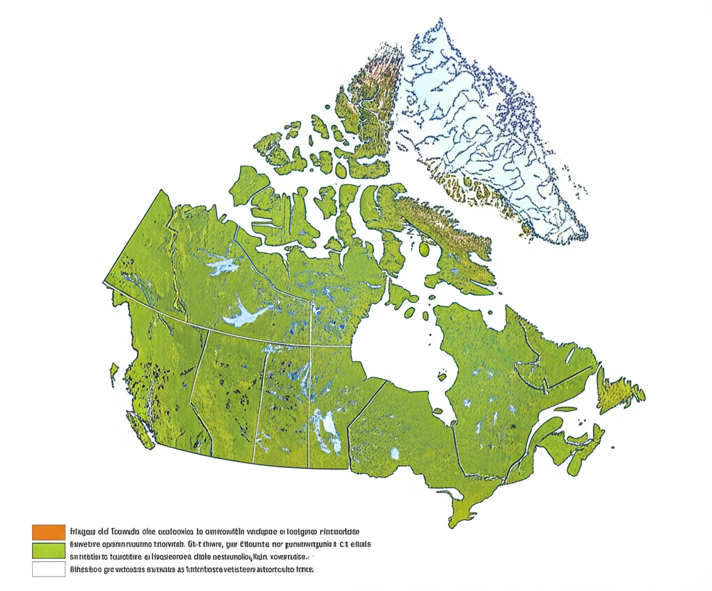 Mappa del Canada che evidenzia le comunità remote e indigene circondate da foreste, con alcune aree che mostrano segni di gestione forestale. Obiettivo grandangolare 10-24mm, per mostrare la vastità del territorio e l'isolamento delle comunità, luce diffusa per una visione chiara.