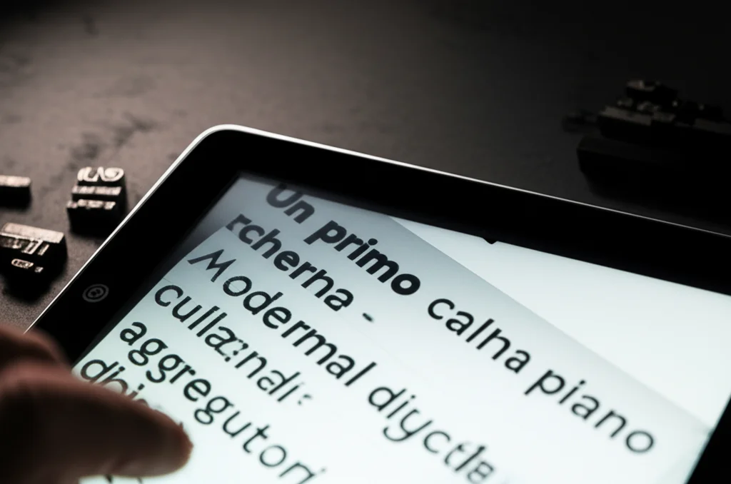 Un primo piano macro di vecchi caratteri da stampa in piombo accostati a un moderno schermo di tablet che mostra un feed di notizie digitali, illuminazione da studio controllata, alta definizione, a simboleggiare la transizione e il conflitto tra editoria tradizionale e aggregatori digitali.