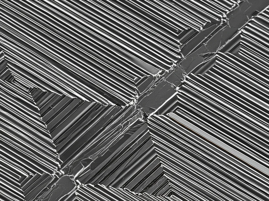 Immagine macro ad alta definizione di una struttura cristallina di un catodo stratificato per batterie al sodio che mostra microfratture e stress interni, illuminazione controllata per evidenziare i difetti, obiettivo macro 100mm, alta precisione di messa a fuoco.