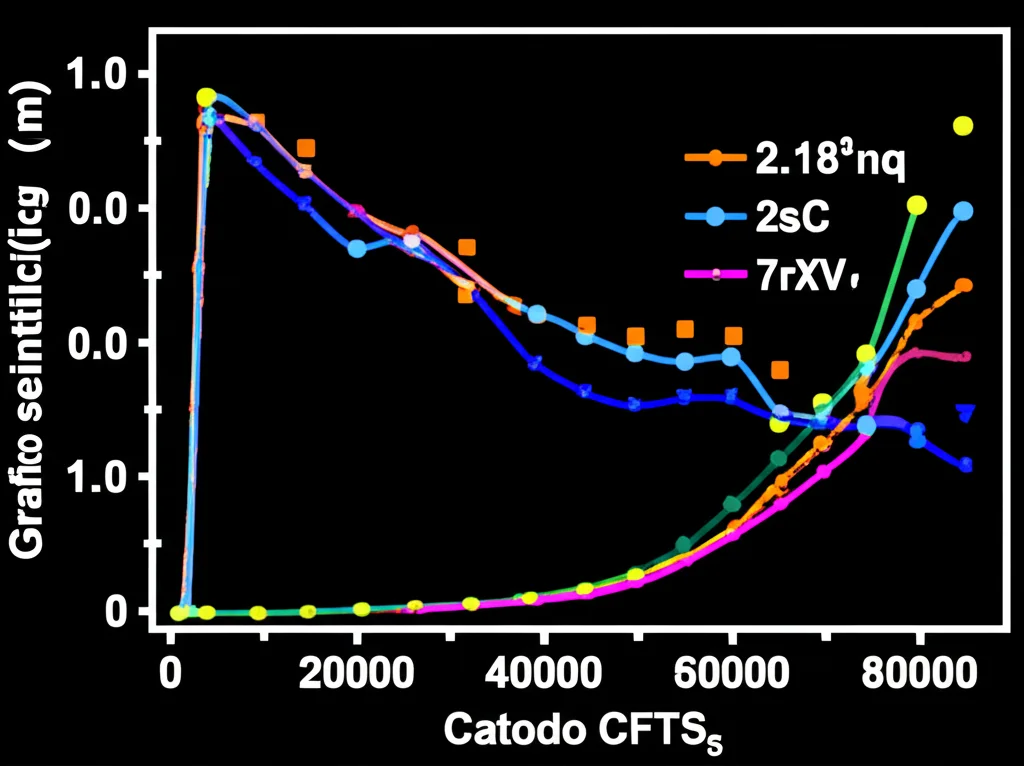 Grafico scientifico che mostra la stabilità ciclica di diverse batterie al sodio, con una linea che evidenzia le prestazioni superiori del catodo CFTS5, sfondo tecnico con dati e formule, obiettivo prime 35mm, illuminazione da studio.