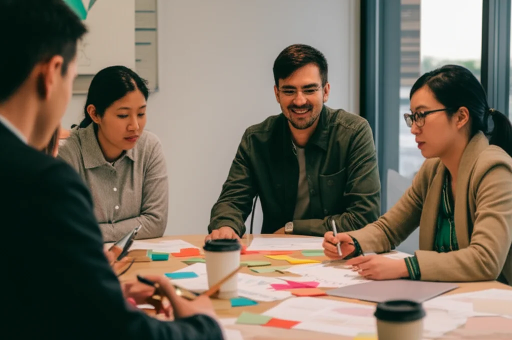 Un gruppo diversificato di operatori pari sorridenti e collaborativi durante una sessione di brainstorming in un ambiente accogliente e luminoso, discutono attorno a un tavolo con appunti e post-it colorati. Prime lens, 35mm, profondità di campo, luce naturale.