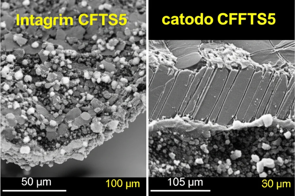 Immagine al microscopio elettronico a trasmissione (STEM) che confronta la microstruttura di un catodo NFM degradato (con microfratture e strati di sale di roccia) e un catodo CFTS5 intatto dopo 100 cicli, obiettivo macro 105mm, alta risoluzione per dettagli atomici, illuminazione controllata.
