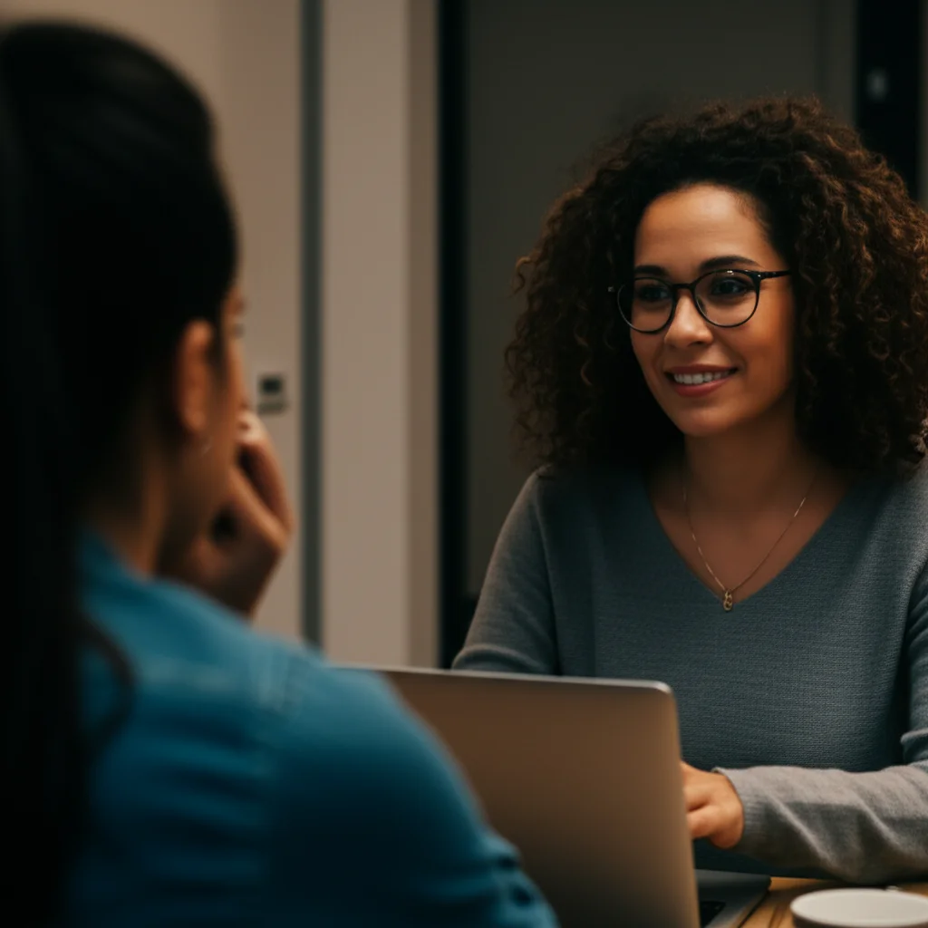 Un operatore pari offre con empatia una gift card a una persona in un contesto informale e di supporto, simboleggiando il rinforzo positivo del programma CM. Zoom lens, 50mm, luce soffusa, espressioni di fiducia.