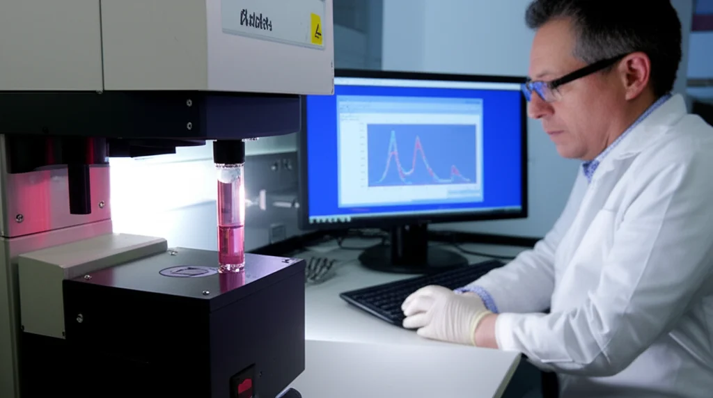 Un laboratorio di chimica analitica con strumentazione moderna. In primo piano, una cuvetta di quarzo contenente una soluzione rosa brillante (eritrosina B e vericiguat) inserita in uno spettrofotometro. Sullo sfondo, uno scienziato in camice bianco osserva i dati su un monitor che mostra spettri di assorbanza e fluorescenza. Illuminazione controllata da laboratorio, alta definizione, obiettivo macro 60mm per dettagli sulla cuvetta.