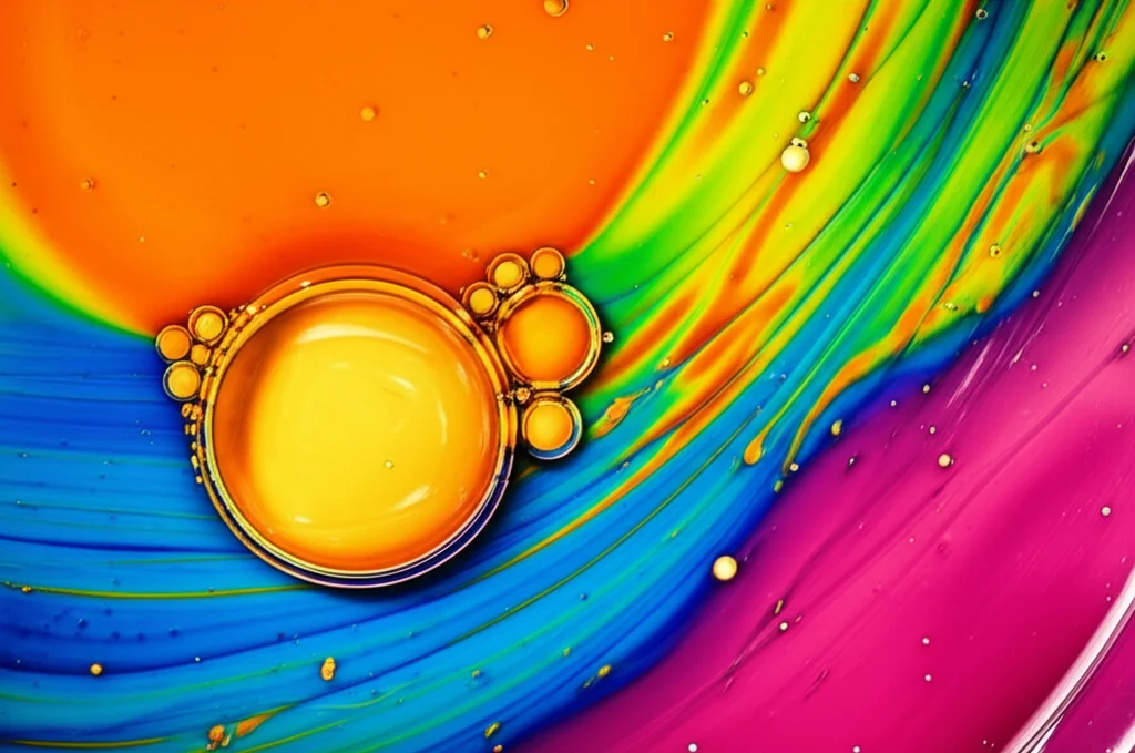 Macro fotografia di goccioline chimiche colorate che si diffondono lentamente in un liquido trasparente su una superficie scura, creando pattern complessi e interconnessi. Obiettivo macro 100mm, alta definizione, illuminazione laterale controllata per evidenziare la tridimensionalità delle scie e la loro interazione, alcuni agenti sferici appena visibili all'interno delle scie.