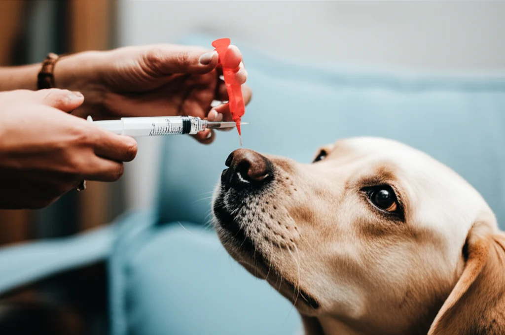 Primo piano di una mano che somministra delicatamente una sospensione orale a un cane Labrador collaborativo, utilizzando una siringa dosatrice. Macro lens 70mm, illuminazione morbida da finestra, alta definizione per evidenziare la facilità di somministrazione e la texture del liquido.