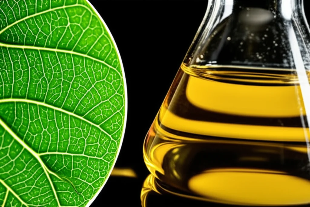 Un primo piano macro di foglie verdi brillanti della pianta Pterocarpus marsupium, con dettagli delle venature. Accanto, una beuta da laboratorio con una soluzione che cambia colore da trasparente a bruno-giallastro, simboleggiando la fitosintesi delle nanoparticelle d'argento. Macro lens, 100mm, high detail, precise focusing, controlled lighting, depth of field.