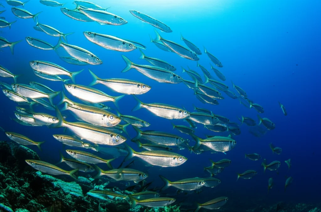 Fotografia naturalistica di un banco di pesciolini argentati che si muovono in modo coordinato nell'oceano blu profondo, creando forme fluide e dinamiche. Teleobiettivo zoom 200mm, scatto veloce per congelare il movimento, tracciamento del movimento per mantenere la nitidezza del banco, luce solare che filtra dalla superficie creando raggi luminosi.
