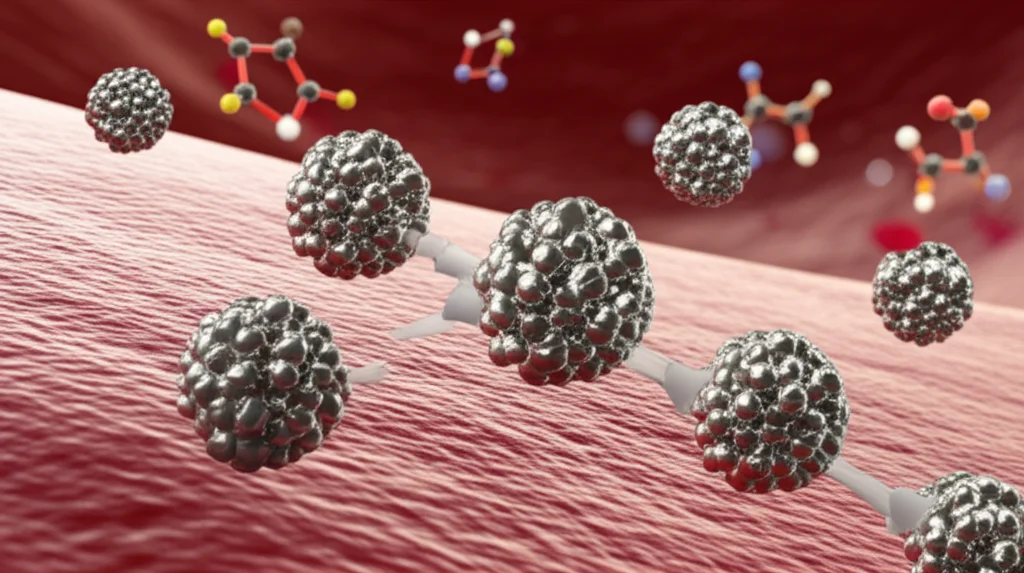 Visualizzazione artistica di nanoparticelle d'argento sferiche che interagiscono con enzimi alfa-amilasi e alfa-glucosidasi, bloccandone l'attività. Sfondo astratto che richiama il flusso sanguigno e molecole di glucosio. Telephoto zoom, 150mm, depth of field, illuminazione drammatica per evidenziare l'interazione.