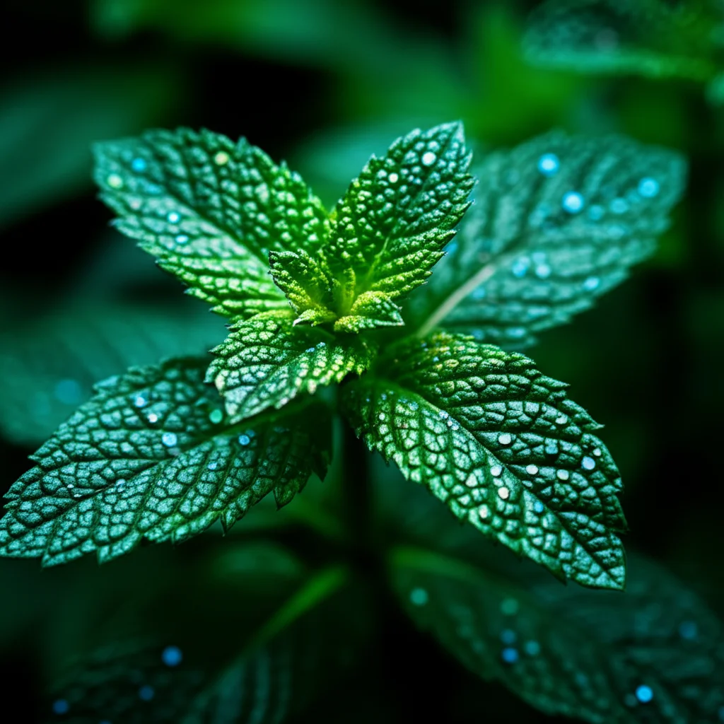 Macro fotografia di foglie fresche di Mentha longifolia con una rappresentazione artistica di nanoparticelle di rame scintillanti di colore verde-bluastro sovrapposte, illuminazione controllata, alta definizione, obiettivo macro 60mm, sfondo leggermente sfocato per enfatizzare il soggetto.