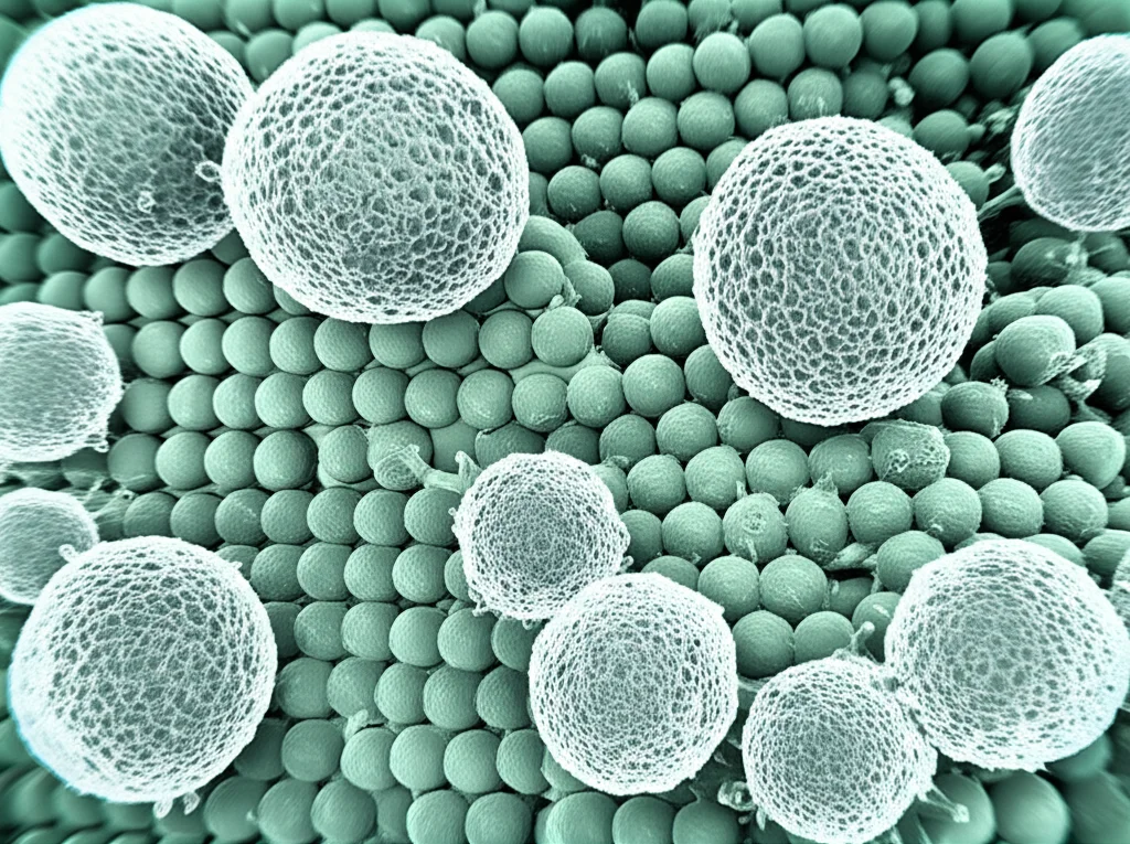 Nanoparticelle d'argento sferiche, visualizzate con un effetto simile a una microscopia elettronica, che attaccano la parete cellulare di batteri come E. coli e Staphylococcus aureus, causando la loro lisi. Macro lens, 60mm, high detail, effetto tridimensionale con colori vivaci per distinguere le nanoparticelle dai batteri su uno sfondo scuro da laboratorio.