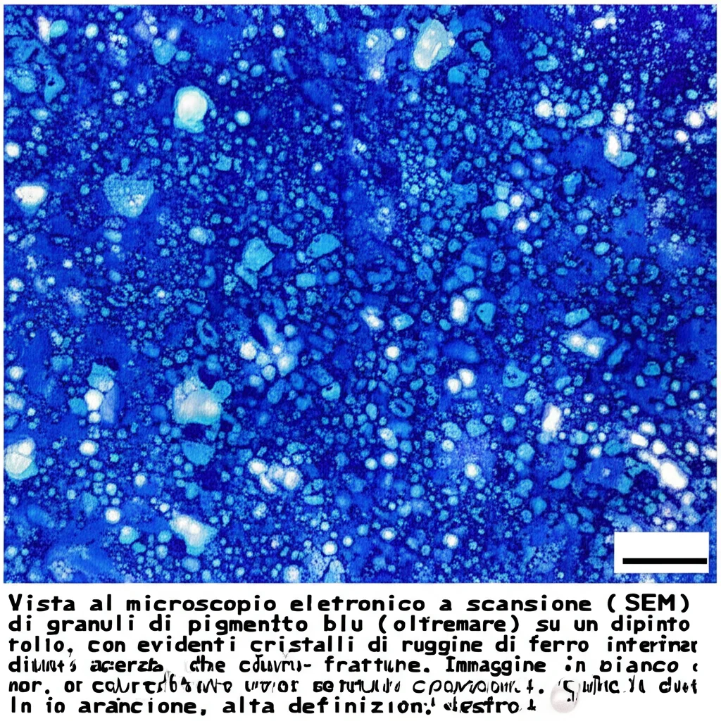 Vista al microscopio elettronico a scansione (SEM) di granuli di pigmento blu (oltremare) su un dipinto ad olio, con evidenti cristalli di ruggine di ferro interdispersi che causano micro-fratture. Immagine in bianco e nero con falsi colori per evidenziare la ruggine in arancione, alta definizione, dettaglio estremo.