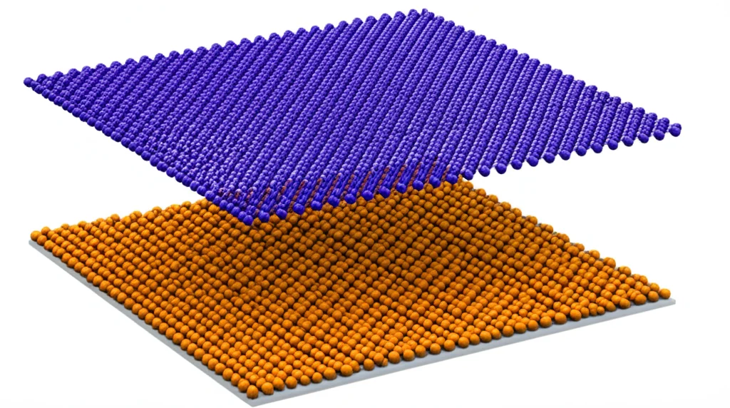 Visualizzazione 3D di un materiale van der Waals come l'InSe, che mostra i suoi strati atomici distinti. Un eccitone (coppia elettrone-lacuna) è evidenziato all'interno di uno strato, con frecce che indicano le direzioni in-plane (IP) e out-of-plane (OP). Illuminazione da studio controllata, obiettivo macro 90mm, alta definizione, messa a fuoco precisa.