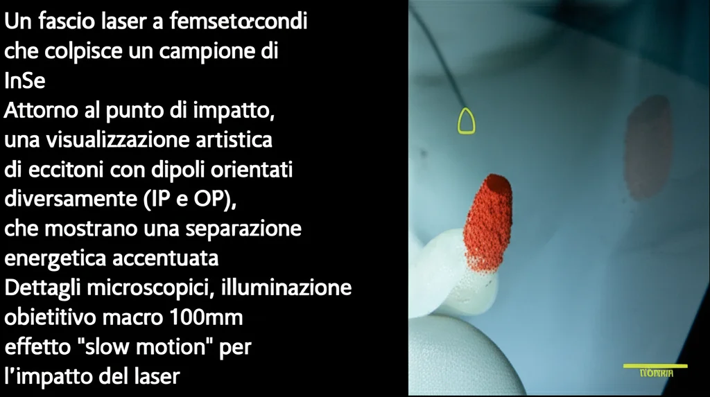 Un fascio laser a femtosecondi che colpisce un campione di InSe. Attorno al punto di impatto, una visualizzazione artistica di eccitoni con dipoli orientati diversamente (IP e OP), che mostrano una separazione energetica accentuata. Dettagli microscopici, illuminazione drammatica, obiettivo macro 100mm, effetto 'slow motion' per l'impatto del laser.