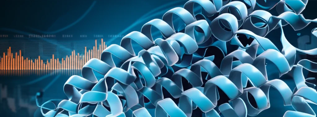 Visualizzazione 3D fotorealistica di una complessa struttura proteica, resa con dettagli precisi come da un obiettivo macro da 100mm, illuminazione da studio controllata che ne evidenzia le pieghe e le eliche, con un focus nitido sulle catene amminoacidiche. Sullo sfondo, grafici di dati astratti con effetto 'depth of field', in una palette duotone blu e arancione.