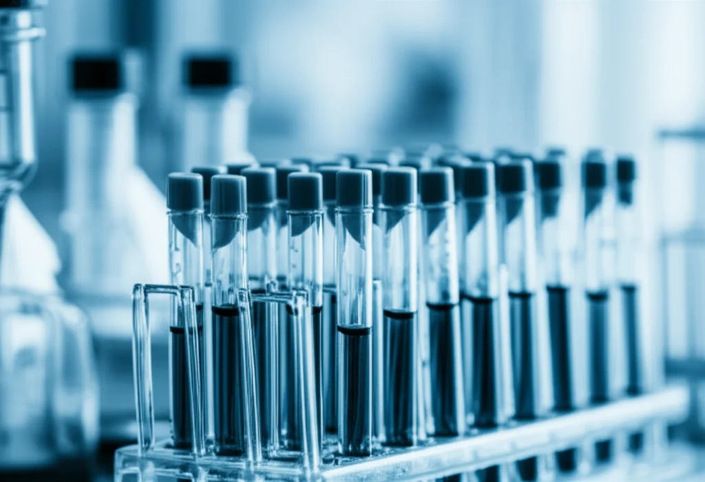 Macro fotografia, lente da 90 mm, di una raccolta di fiale di vetro meticolosamente disposti contenenti campioni di plasma del cordone ombelicale in un ambiente di laboratorio sterile e vivace. Alto dettaglio, illuminazione precisa, un'illuminazione controllata per enfatizzare la chiarezza dei campioni e il rigore scientifico. Duotone in ciano e grigio.