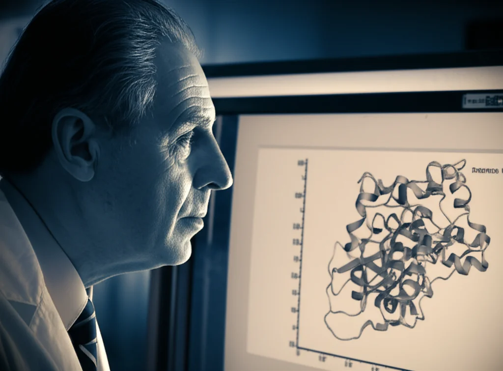 Ritratto fotografico di un ricercatore o una ricercatrice, di circa 40 anni, che osserva con concentrazione uno schermo con grafici complessi e strutture proteiche. Obiettivo da 35mm, stile 'film noir' con forti contrasti e ombre, palette duotone seppia e blu scuro, con un leggero 'depth of field' sullo sfondo del laboratorio.