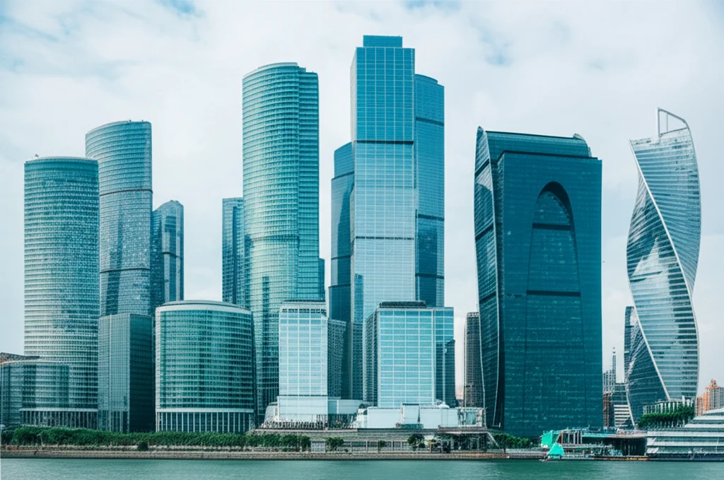 Fotografia di un vivace distretto finanziario con grattacieli moderni e uffici affollati, simbolo di agglomerazione economica. Utilizzare un obiettivo grandangolare da 10-24mm per catturare l'ampiezza, con messa a fuoco nitida e un leggero effetto di lunga esposizione per suggerire il dinamismo. Illuminazione controllata per evidenziare i dettagli architettonici.