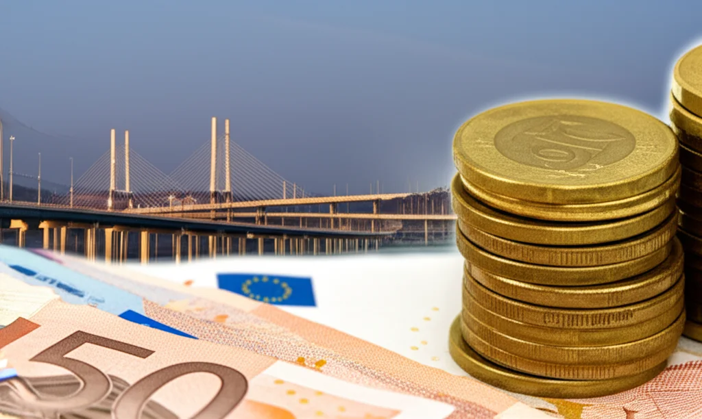 Immagine macro di monete e banconote che vengono investite in un grafico che mostra la crescita, con sullo sfondo infrastrutture moderne come ponti e strade ben tenute, a simboleggiare la spesa pubblica per la promozione economica. Obiettivo macro da 60-105mm, alta definizione, messa a fuoco precisa sulle monete in primo piano e illuminazione controllata per far risaltare i dettagli.