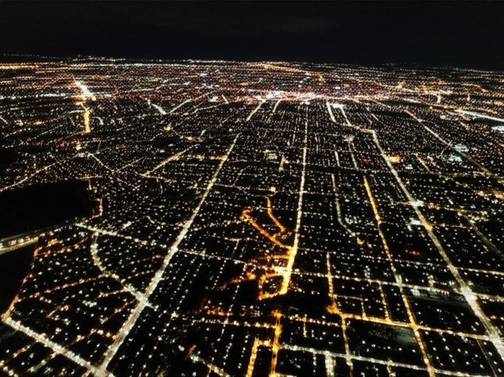 Fotografia aerea che mostra un netto contrasto tra un'area urbana densamente sviluppata e prospera e un'area rurale o meno sviluppata adiacente, a simboleggiare le disparità regionali. Obiettivo grandangolare da 10-24mm, lunga esposizione per accentuare le luci della città e le ombre delle aree meno illuminate, mettendo in evidenza la disuguaglianza.