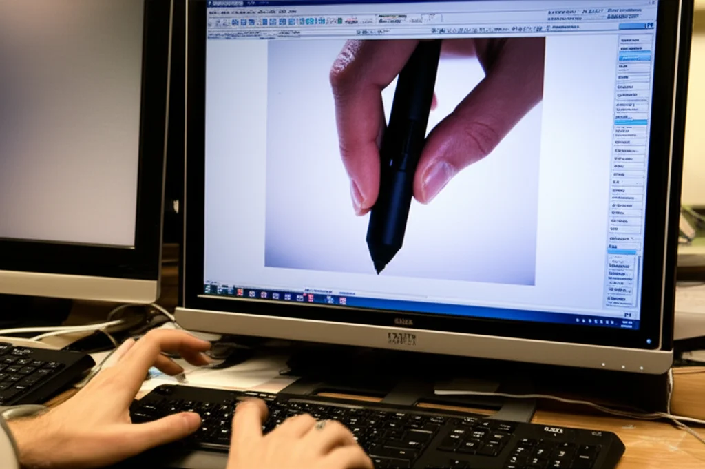 Primo piano di una mano che utilizza una tavoletta grafica collegata a un monitor. Sul monitor, un cursore segue il movimento della penna con un ritardo appena percettibile. L'immagine è un macro con obiettivo da 100mm, high detail, con illuminazione controllata per enfatizzare la precisione dell'interazione e il leggero sfasamento temporale tra azione e feedback visivo.