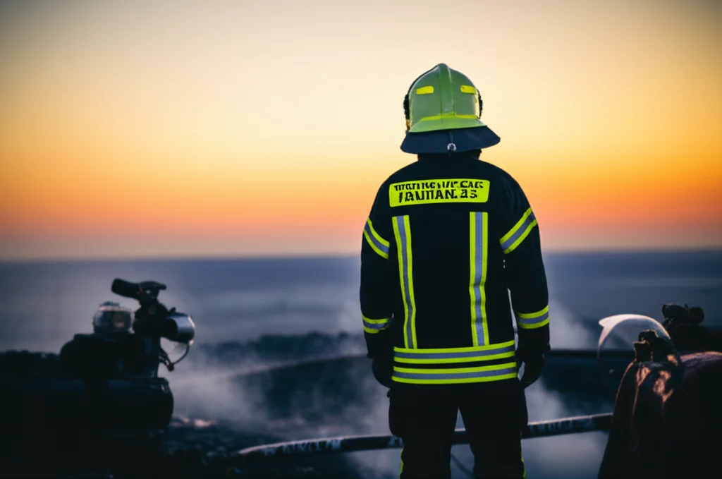 Un vigile del fuoco visto di spalle, guarda verso un'alba che simboleggia speranza e crescita dopo un evento traumatico, con elementi di fuoco spento e attrezzature sullo sfondo. Lente prime da 35mm, profondità di campo, duotono caldo e freddo (arancione e blu), per un'immagine fotorealistica e simbolica.
