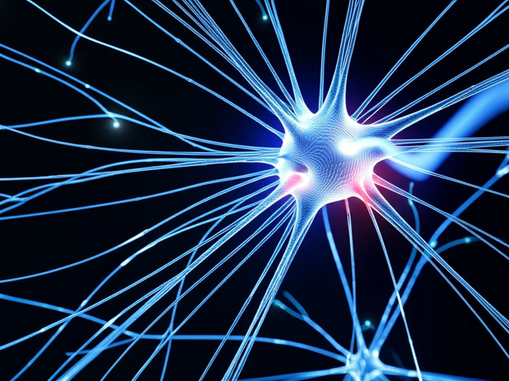 Visualizzazione astratta di connessioni neurali nel cervello, alcune luminose e sincronizzate (bassa latenza), altre più deboli e sfasate (alta latenza). L'immagine dovrebbe essere un macro con obiettivo da 60mm, high detail, con illuminazione controllata per evidenziare le 'vie' neurali e la differenza nella loro attivazione.