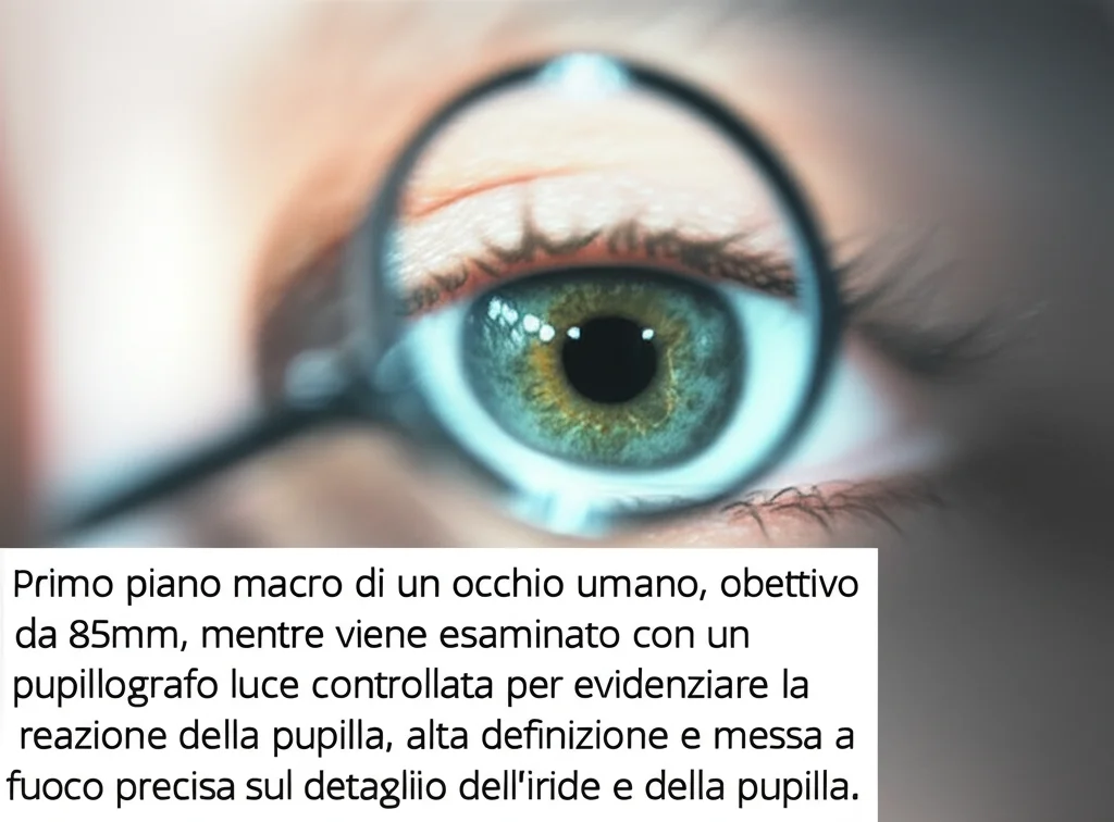 Primo piano macro di un occhio umano, obiettivo da 85mm, mentre viene esaminato con un pupillografo, luce controllata per evidenziare la reazione della pupilla, alta definizione e messa a fuoco precisa sul dettaglio dell'iride e della pupilla.