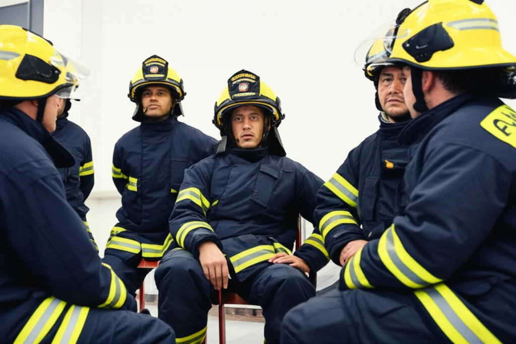 Un gruppo eterogeneo di vigili del fuoco in uniforme, durante una sessione di debriefing psicologico in un ambiente confortevole e sicuro, che favorisce la comunicazione aperta. Lente zoom 24-70mm, luce naturale soffusa, espressioni di ascolto e supporto, fotorealismo dettagliato.